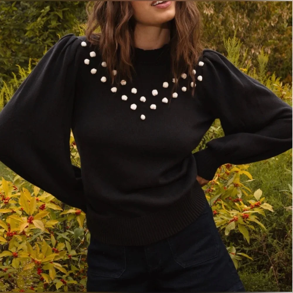 Summer salt The Year-Round Balloon Sleeve Pompom Sweater Small - Picture 2 of 12
